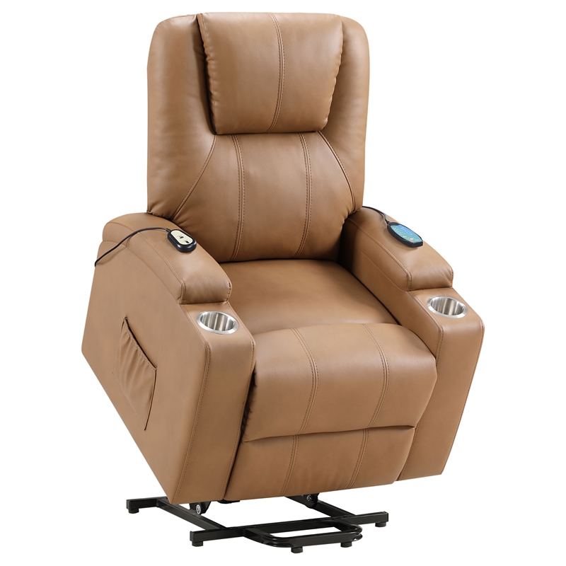 Pemberly Row Upholstered Faux Leather Power Lift Massage Recliner in Camel
