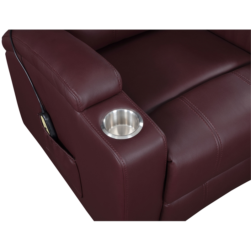 Pemberly Row Upholstered Faux Leather Power Lift Massage Recliner in Wine