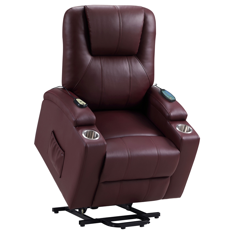 Pemberly Row Upholstered Faux Leather Power Lift Massage Recliner in Wine
