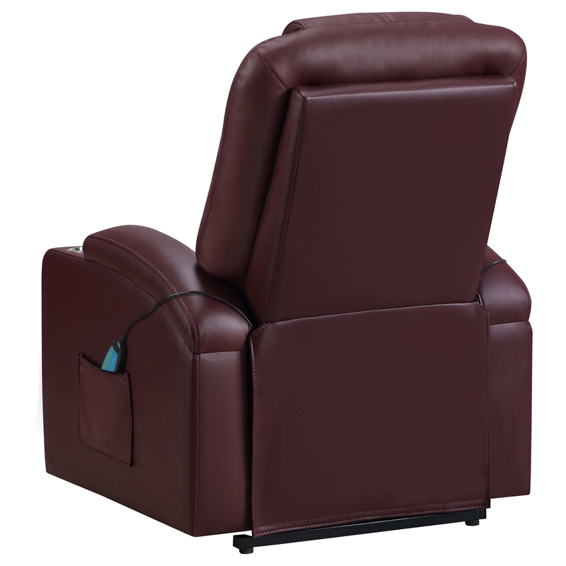Pemberly Row Upholstered Faux Leather Power Lift Massage Recliner in Wine