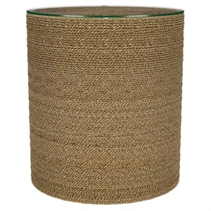 Pemberly Row Round Woven Rattan & Seagrass Accent Side Table in Light Brown