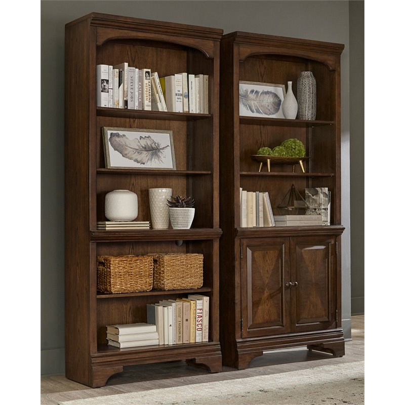 Pemberly Row 78-inch 5-shelf Arched Top Bookcase in Burnished Oak