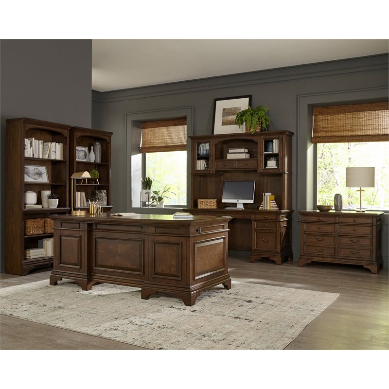 Pemberly Row 78-inch 5-shelf Arched Top Bookcase in Burnished Oak
