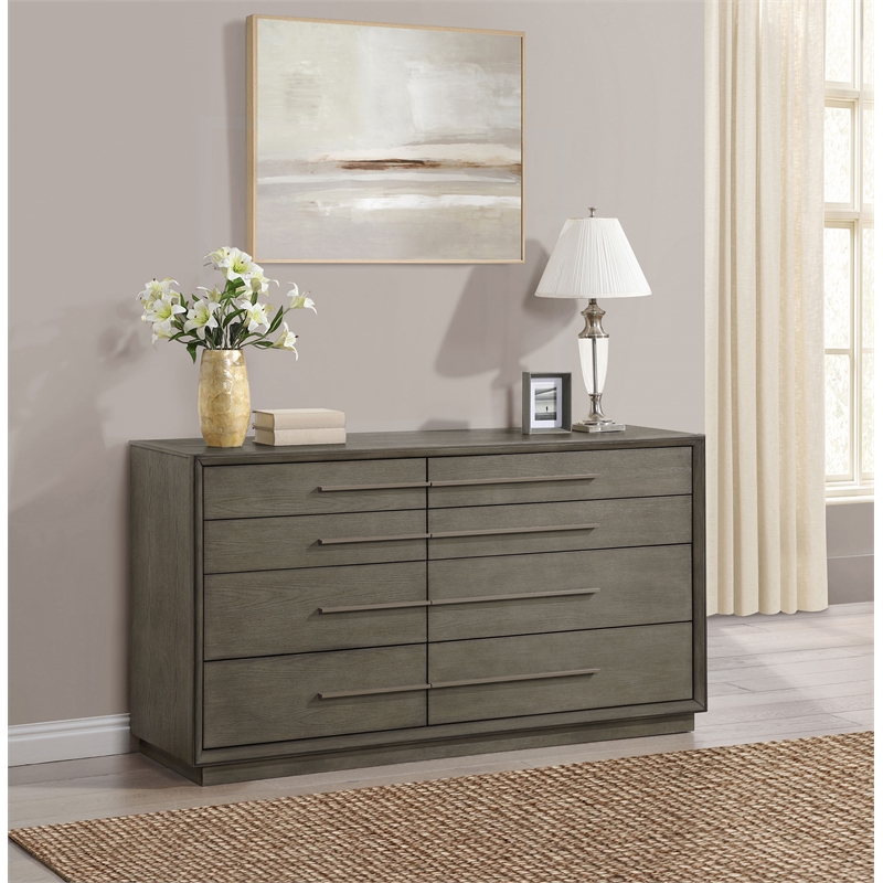 Pemberly Row 8-Drawer Bedroom Dresser with Bar Pulls in Taupe Oak