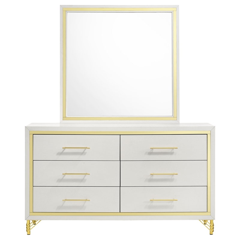Pemberly Row Modern 6-Drawer Dresser with Mirror and Gold Trim in White