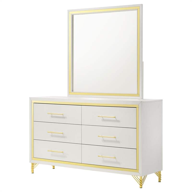 Pemberly Row Modern 6-Drawer Dresser with Mirror and Gold Trim in White