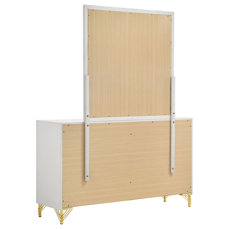 Pemberly Row Modern 6-Drawer Dresser with Mirror and Gold Trim in White