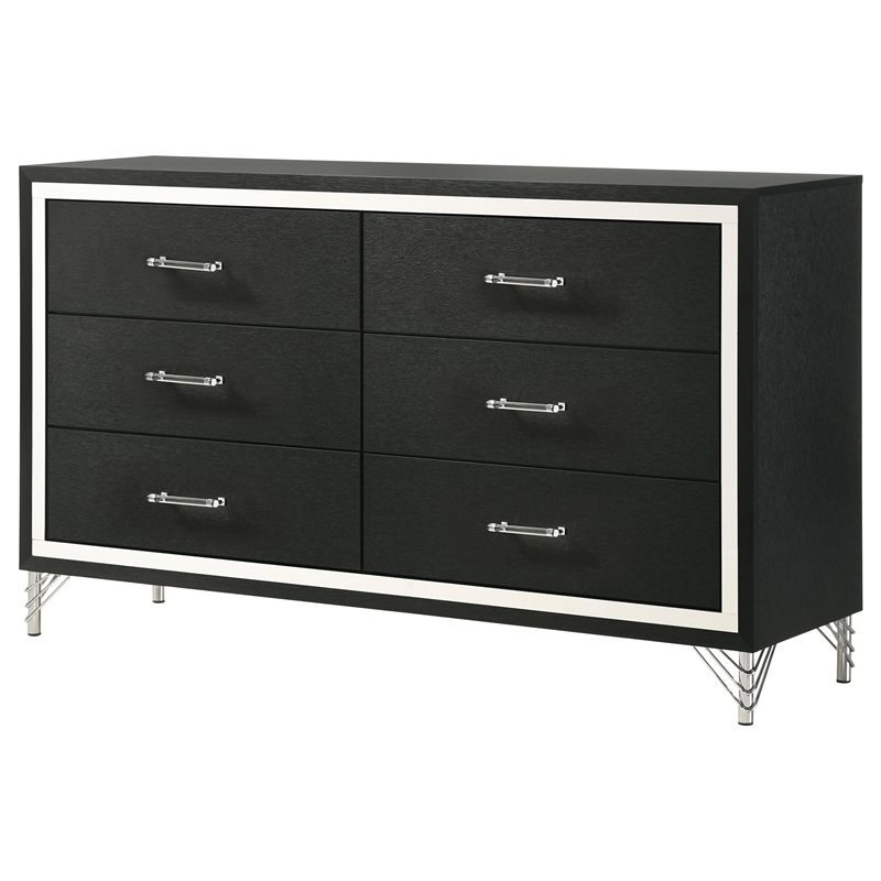 Pemberly Row Modern 6-Drawer Dresser Cabinet with Chrome Trim in Black