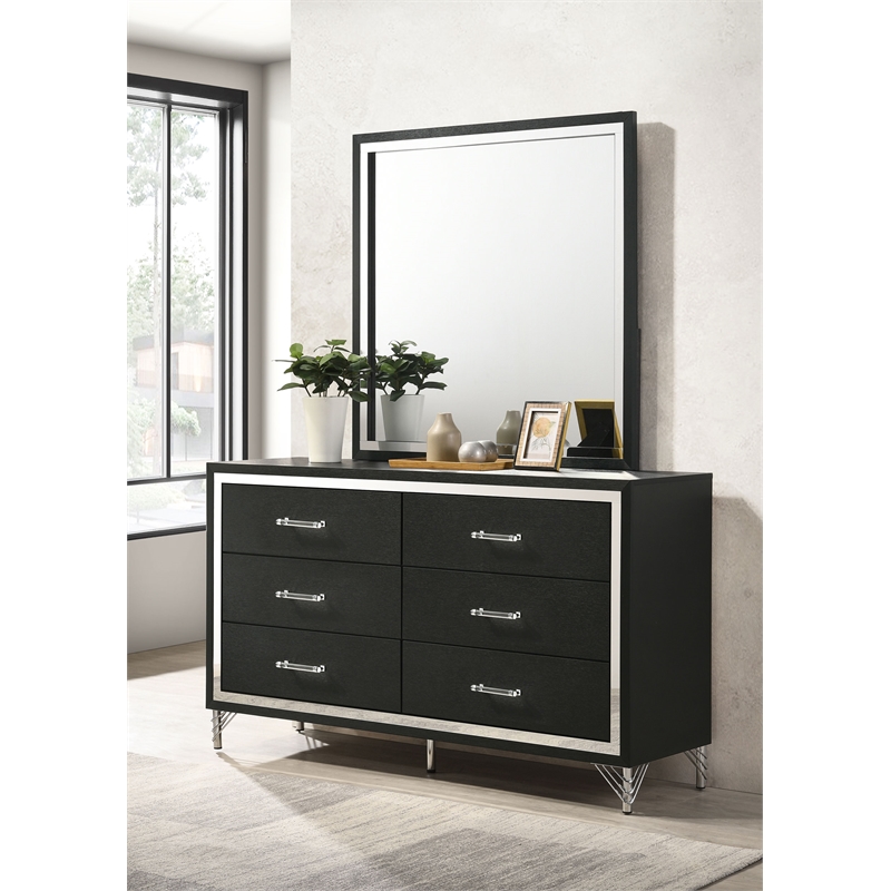 Pemberly Row Modern 6-Drawer Dresser and Mirror with Chrome Trim in Black