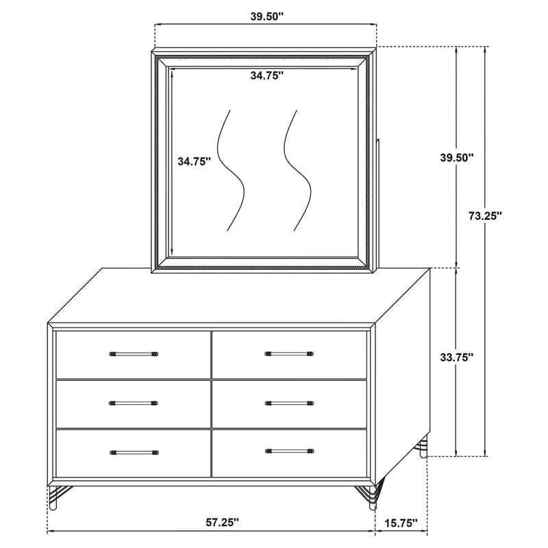 Pemberly Row Modern 6-Drawer Dresser and Mirror with Chrome Trim in Black