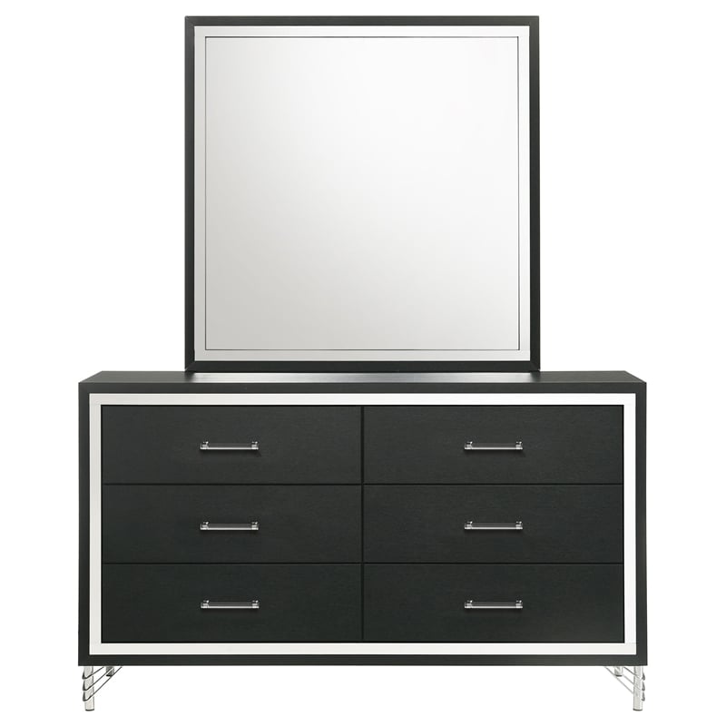 Pemberly Row Modern 6-Drawer Dresser and Mirror with Chrome Trim in Black