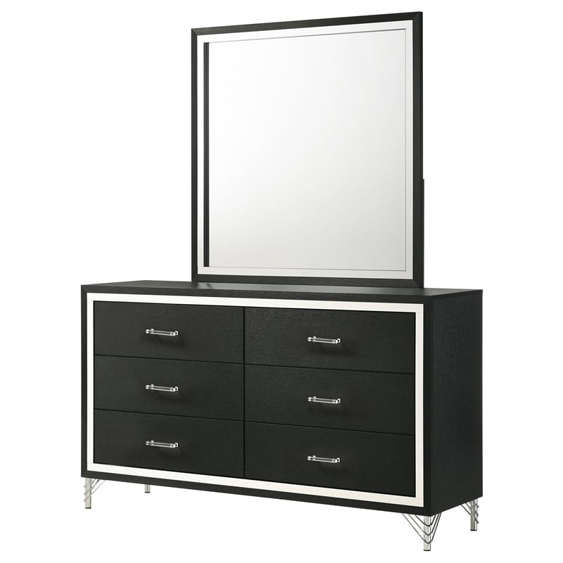 Pemberly Row Modern 6-Drawer Dresser and Mirror with Chrome Trim in Black