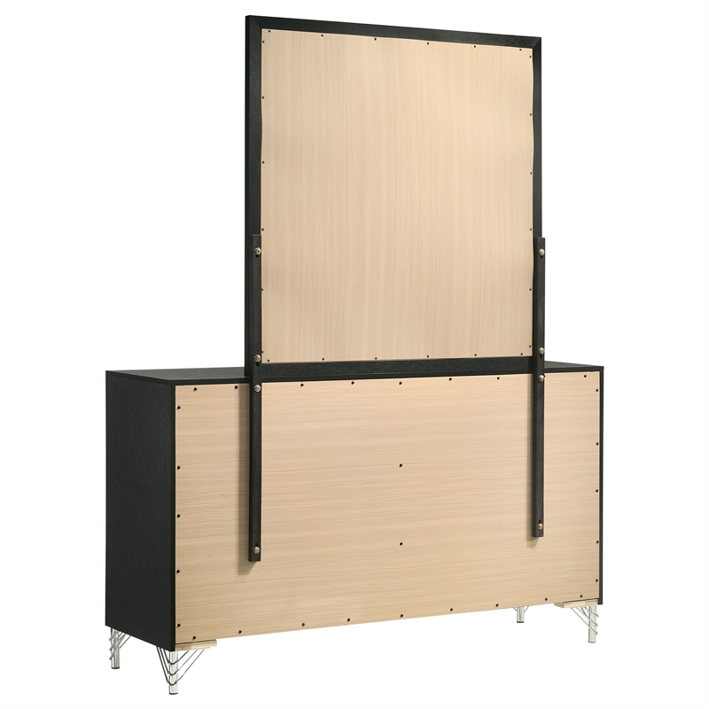 Pemberly Row Modern 6-Drawer Dresser and Mirror with Chrome Trim in Black