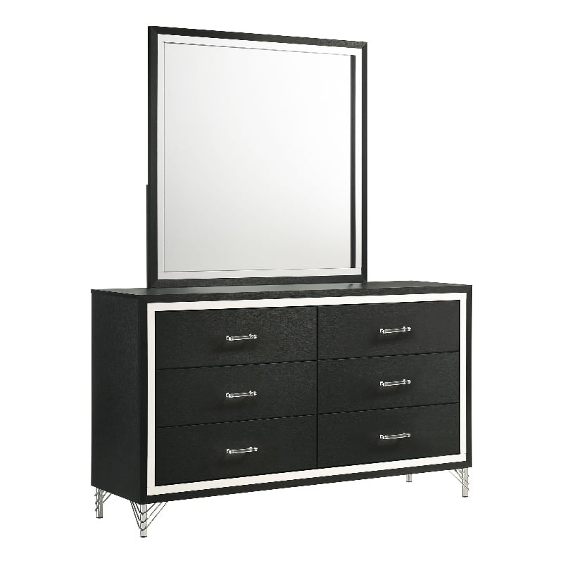 Pemberly Row Modern 6-Drawer Dresser and Mirror with Chrome Trim in Black
