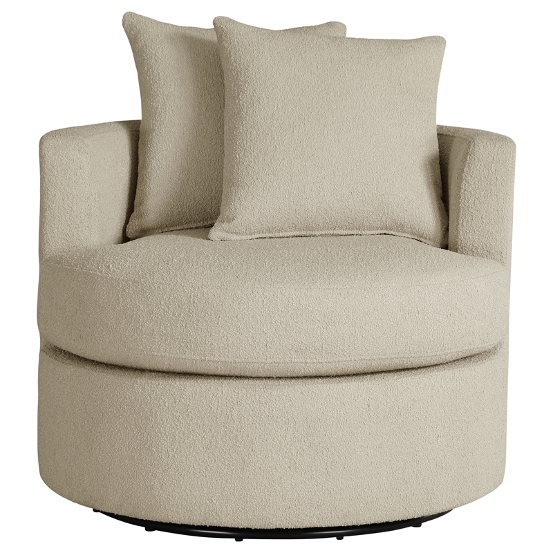 Pemberly Row Upholstered Round Swivel Accent Chair with Pillows in Camel