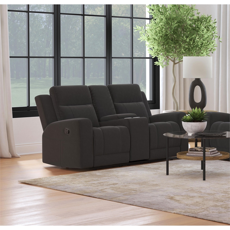 Pemberly Row Upholstered Reclining Loveseat with Console in Dark Charcoal