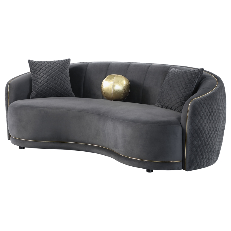 Pemberly Row Velvet Upholstered Curved Sofa with Gold Trim in Dark Grey