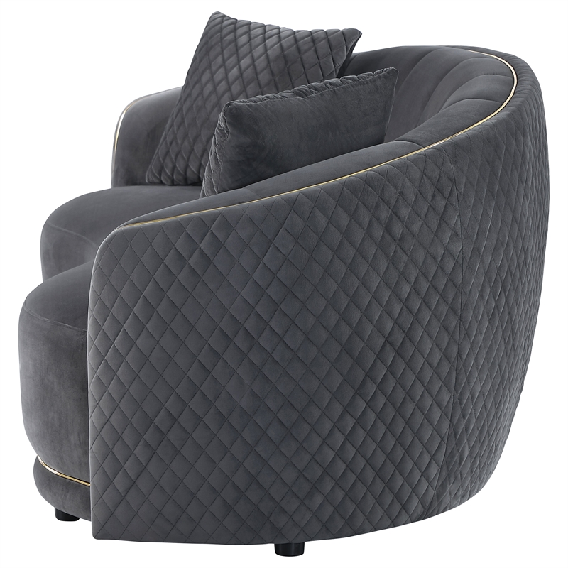 Pemberly Row Velvet Curved Loveseat with Gold Trim in Dark Grey