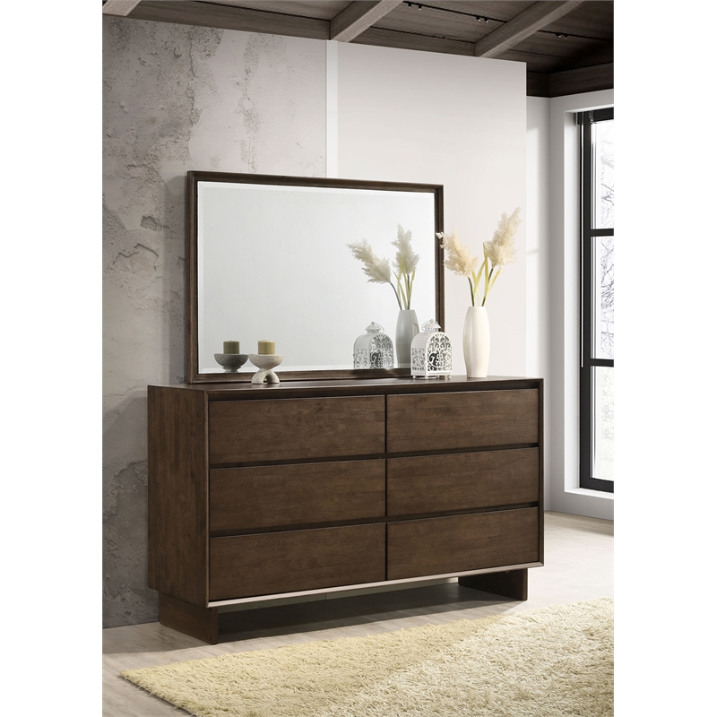 Pemberly Row 6-drawer Dresser and Beveled Mirror Set in Warm Brown