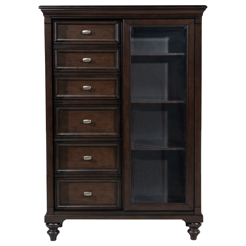 Pemberly Row 6-drawer 4-Tier Tempered Glass Door Chest in Dark Oak