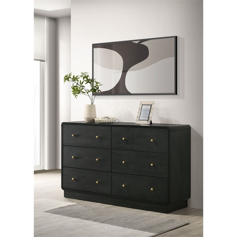 Pemberly Row 6-Drawer Dresser Cabinet with Brass Knobs in Black