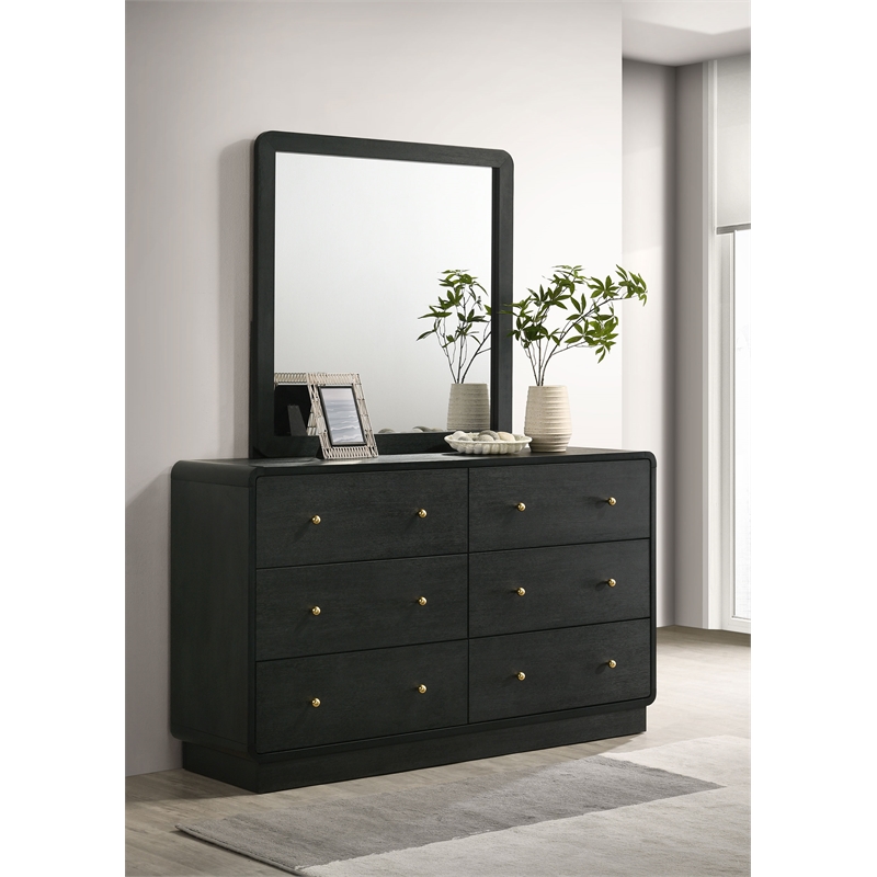 Pemberly Row 6-Drawer Dresser and Mirror with Brass Knobs in Black