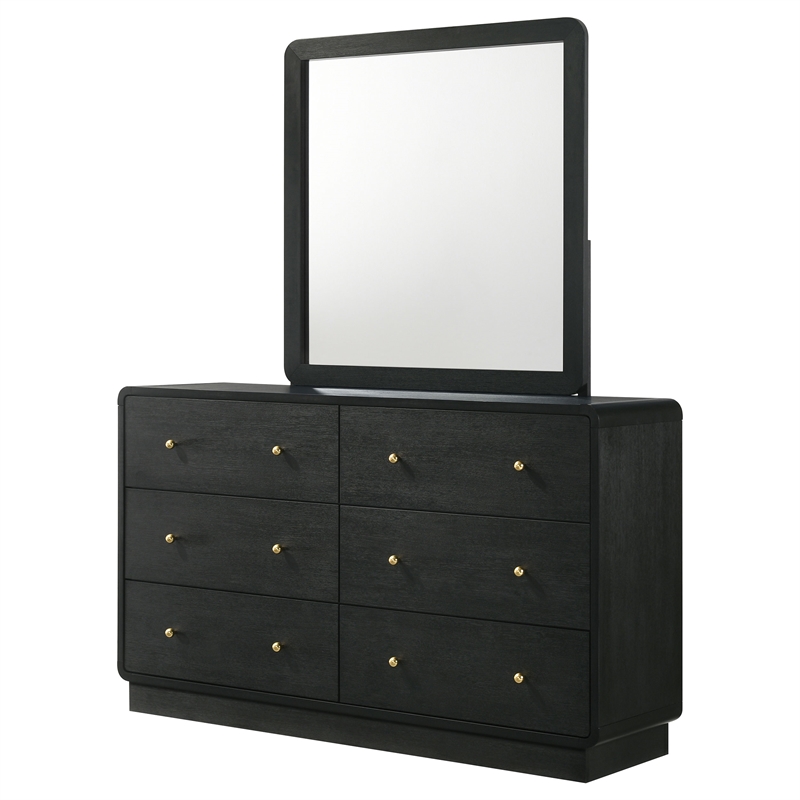 Pemberly Row 6-Drawer Dresser and Mirror with Brass Knobs in Black