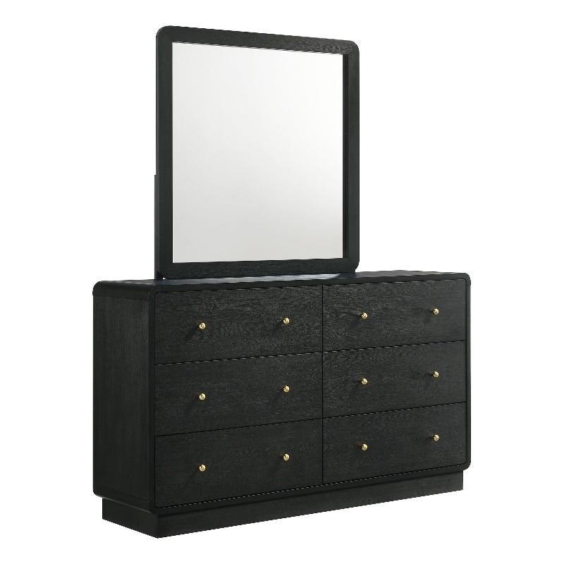 Pemberly Row 6-Drawer Dresser and Mirror with Brass Knobs in Black