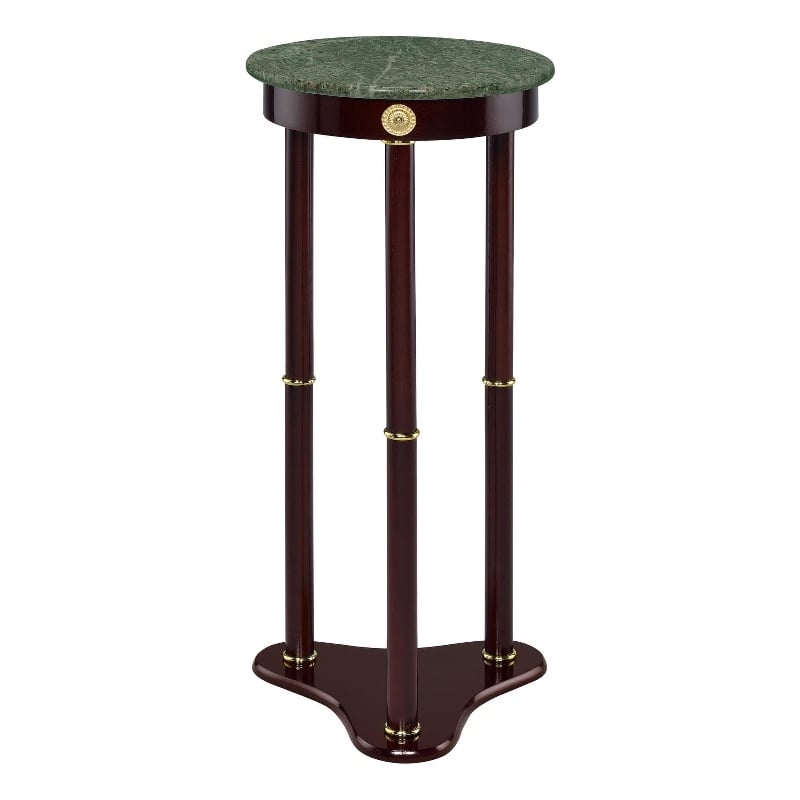 Pemberly Row Round Green Marble Top Tri-Leg Plant Stand in Merlot