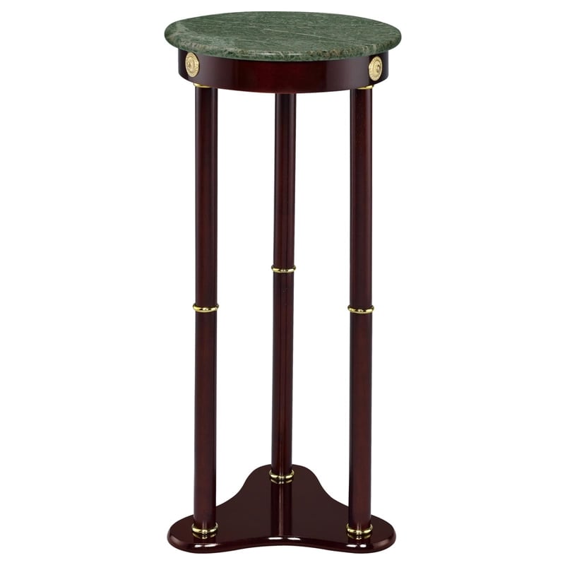Pemberly Row Round Green Marble Top Tri-Leg Plant Stand in Merlot