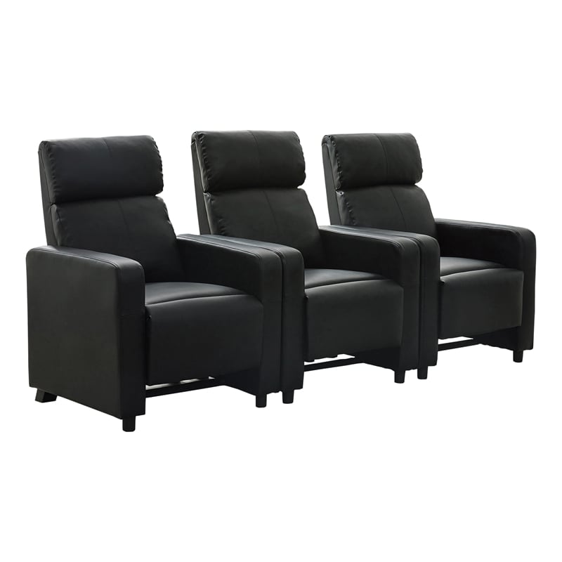 Pemberly Row Upholstered Tufted 3-Recliner Home Theater Set in Black
