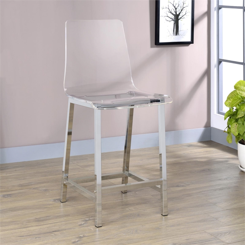 Pemberly Row Clear Acrylic Counter Height Chair Set of 2 in Chrome