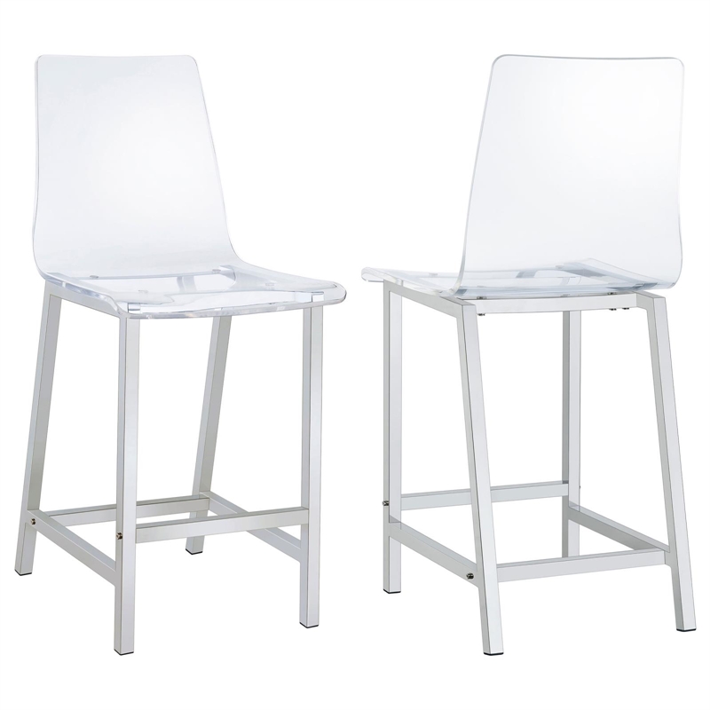 Pemberly Row Clear Acrylic Counter Height Chair Set of 2 in Chrome