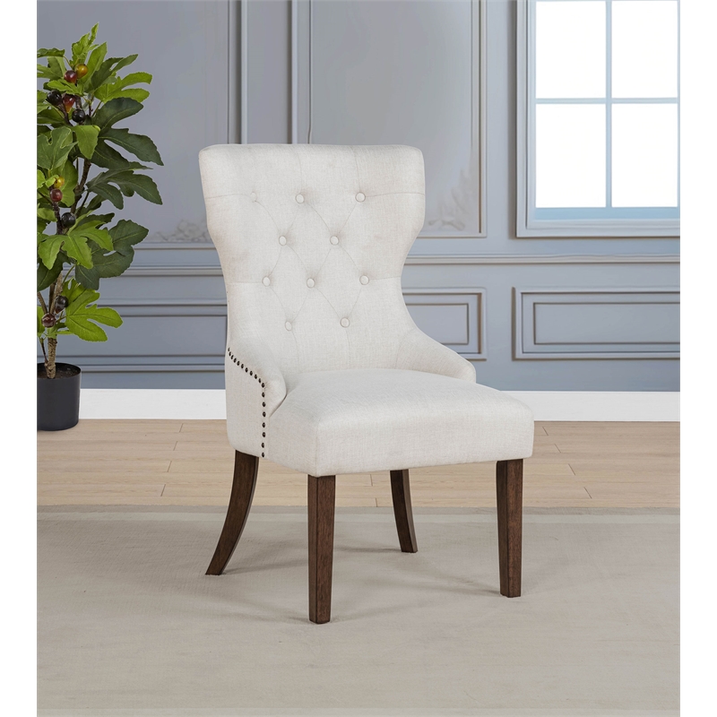 Pemberly Row 19.5'' Fabric Upholstered Dining Side Chair in Beige/Dark Oak