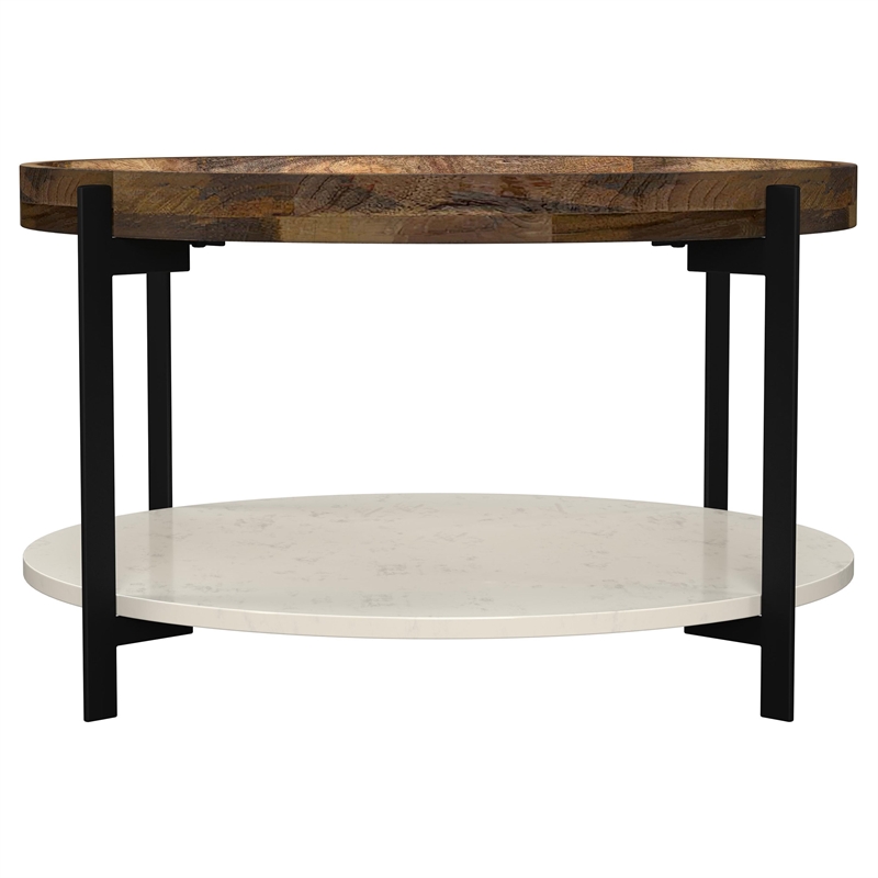 Pemberly Row Round Wood Top Marble Shelf Coffee Table in Natural
