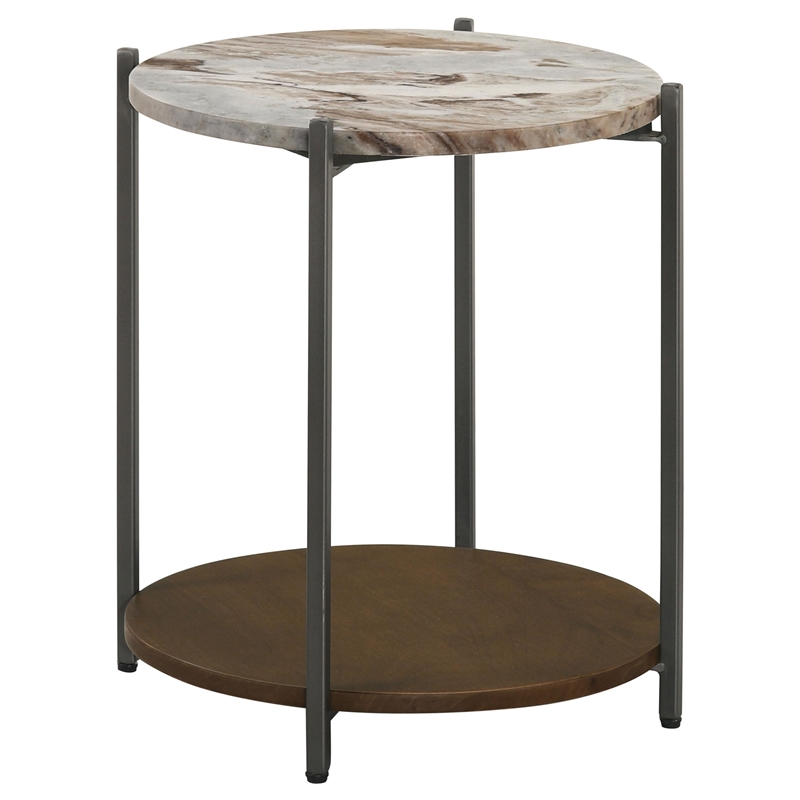 Pemberly Row Round Marble Top Accent Side Table in White and Gunmetal