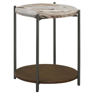 Pemberly Row Round Marble Top Accent Side Table in White and Gunmetal