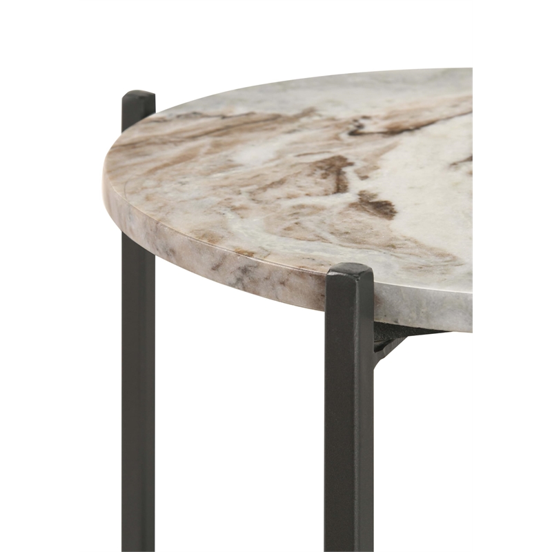 Pemberly Row Round Marble Top Accent Side Table in White and Gunmetal