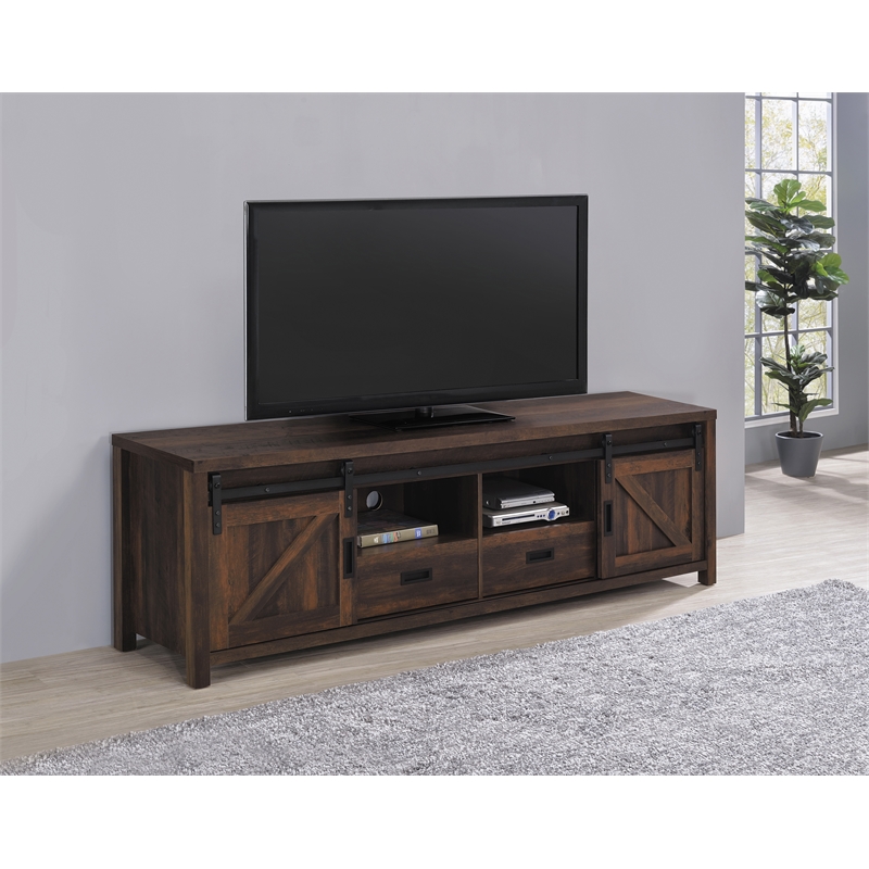 Pemberly Row 2-door Engineered Wood 79-inch TV Stand in Dark Pine