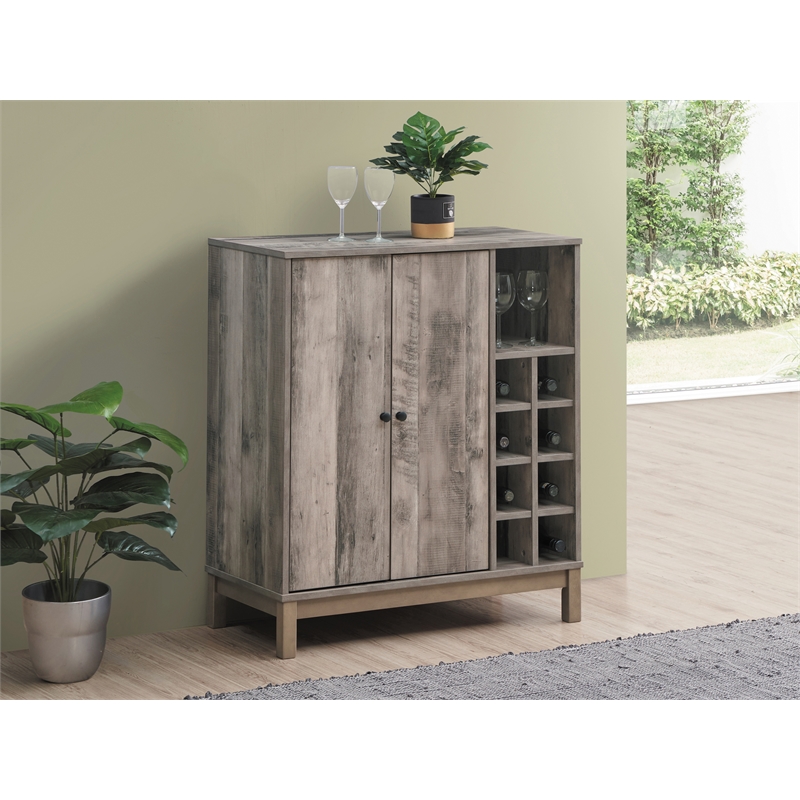 Pemberly Row 2-Doors Home Bar Wine Cabinet in Weathered Acacia