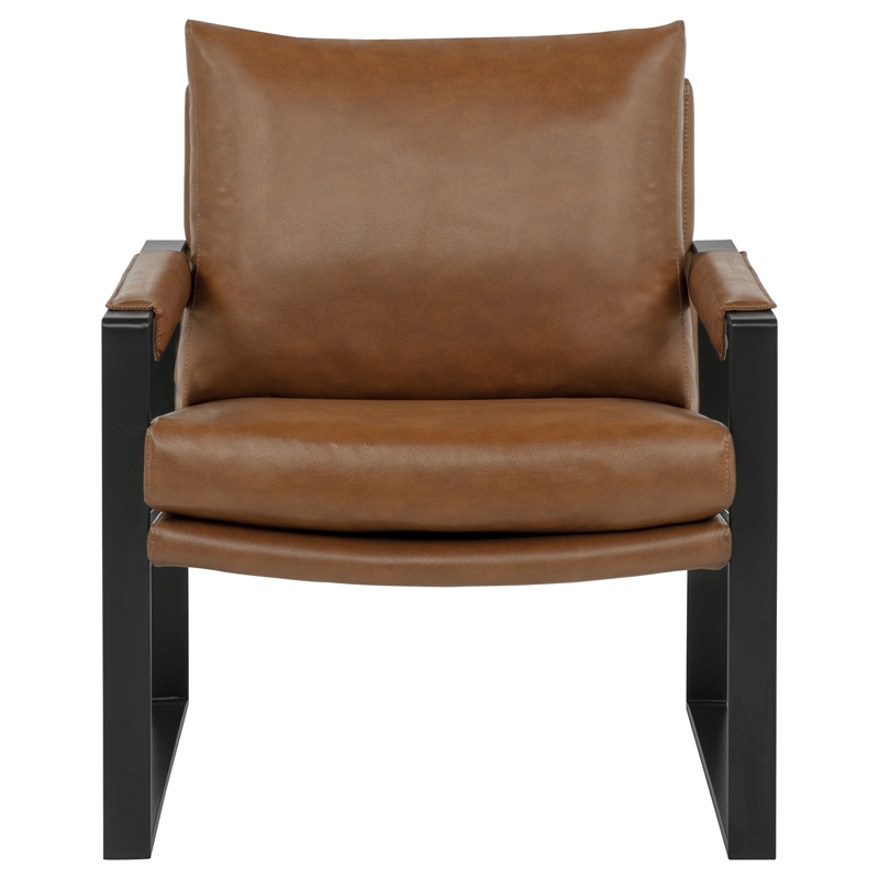 Pemberly Row Upholstered Faux Leather Track Arm Accent Chair in Brown