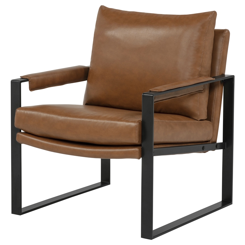 Pemberly Row Upholstered Faux Leather Track Arm Accent Chair in Brown
