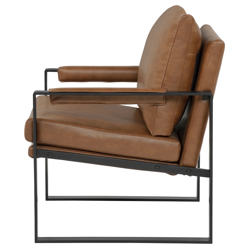 Pemberly Row Upholstered Faux Leather Track Arm Accent Chair in Brown