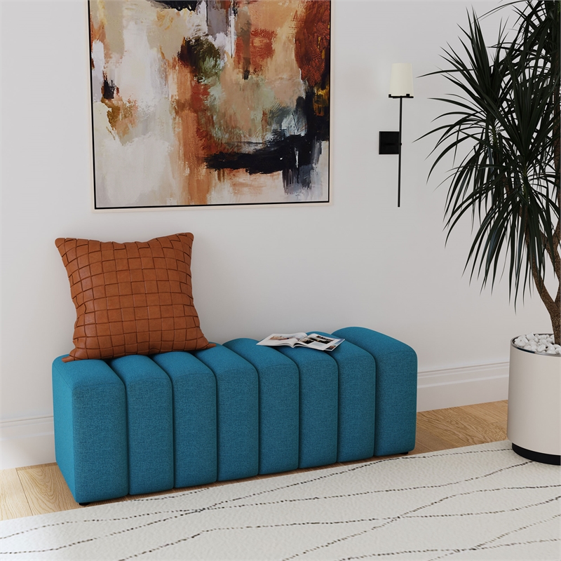 Pemberly Row Fabric Upholstered Tufted Accent Bench in Peacock Blue