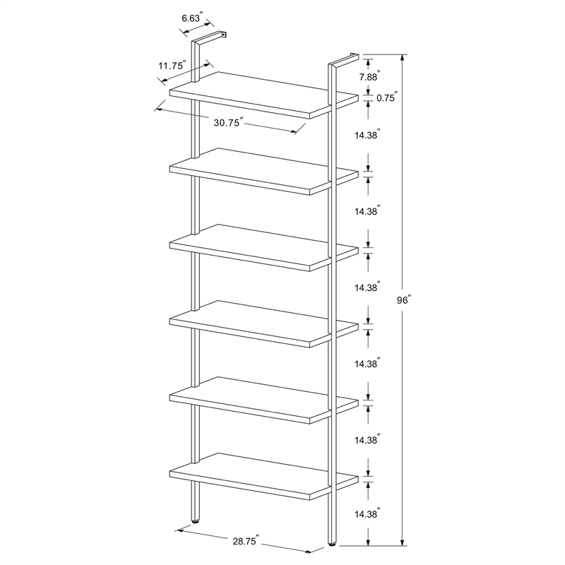 Pemberly Row 96-inch 6-shelf Wall Bookshelf with Metal Frame in Walnut