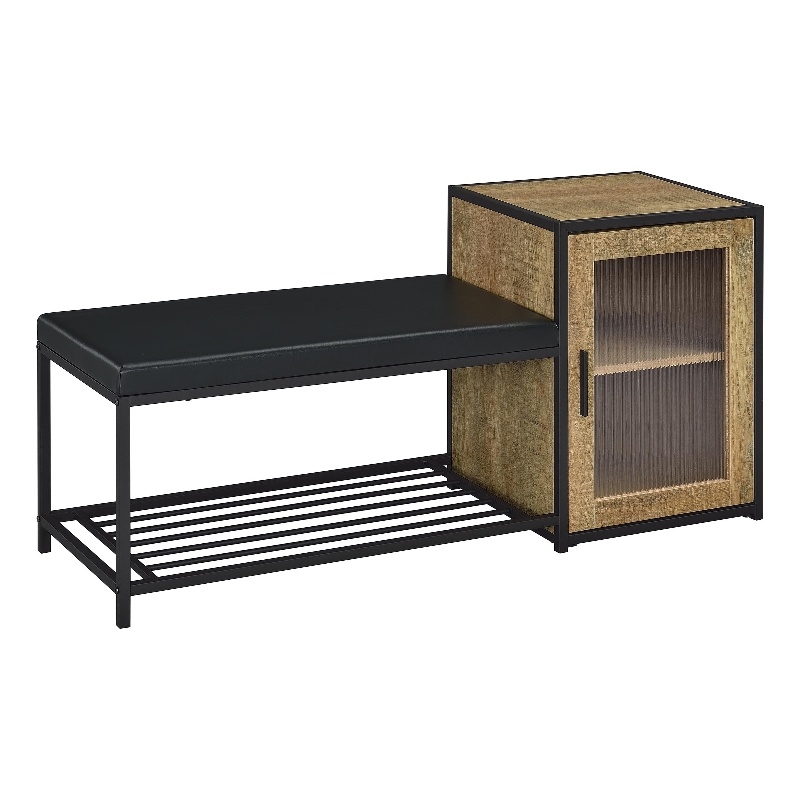 Pemberly Row Shoe Storage Entryway Bench with Cabinet in Brown and Black