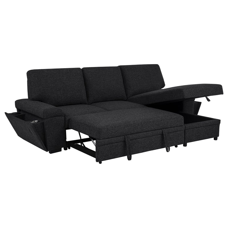 Pemberly Row Sleeper Sectional with Speaker and Storage Chaise in Black