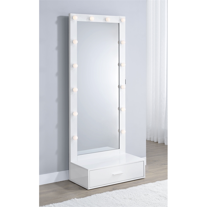 Pemberly Row 1-Drawer Lighted Full-Length Floor Mirror in White High Gloss
