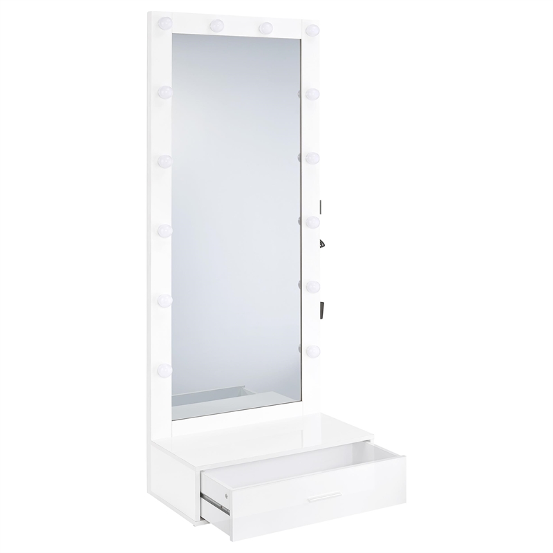 Pemberly Row 1-Drawer Lighted Full-Length Floor Mirror in White High Gloss