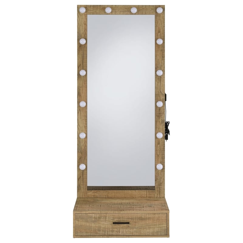 Pemberly Row 1-Drawer Lighted Full-Length Floor Glass Mirror in Brown
